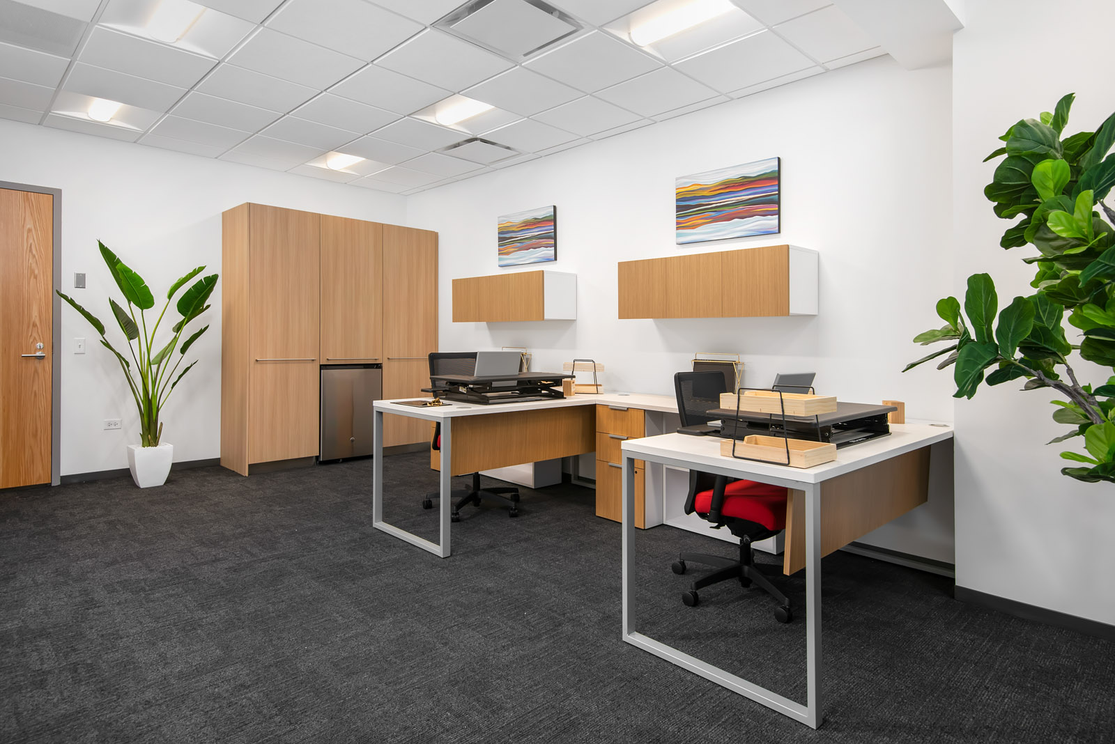 Optima Signature in Downtown Chicago with Modern office with two desks, plants, wall art, and wood cabinets in a bright, clean space.