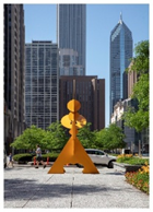 Optima Signature in Downtown Chicago with Yellow abstract art sculpture in a city plaza, surrounded by skyscrapers and green trees, enhancing the community atmosphere.