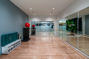 Optima Signature in Downtown Chicago with A mirrored fitness studio with wood floors, a ballet barre, red exercise balls, and yoga mats stored on shelves.