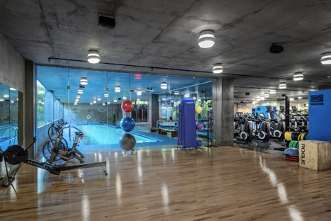 Optima Signature in Downtown Chicago with Modern gym with wooden flooring, cardio machines, weights, and a glass wall revealing an indoor swimming pool and colorful exercise balls.