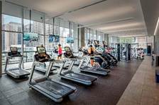 Optima Signature in Downtown Chicago with Modern gym with treadmills and elliptical machines by large windows, overlooking a city skyline. People are exercising.